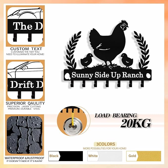 Personalized Chicken Key Holder Wall Mount, Custom Metal Key Holder for Wall with Name, Custom Keys Rack Hanger with Hooks for Entryway, Front Door, Hallway, Living Room, Kitchen