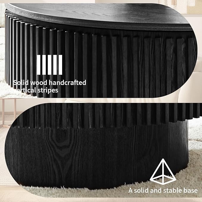 Round Coffee Table for Living Room,Fluted Drum Accent Tea Center Table with Storage,Circle Modern Coffee Tables for Small Space Office Apartment (31.5" L×31.5''W×14''H-Black)