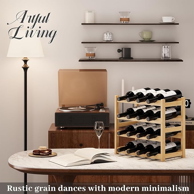 Wine Rack，Bamboo Wine Storage Cabinet Shelf，Countertop Wine Shelf- Freestanding Wine Holder for Kitchen & Pantry (Natural, 4-Tier)