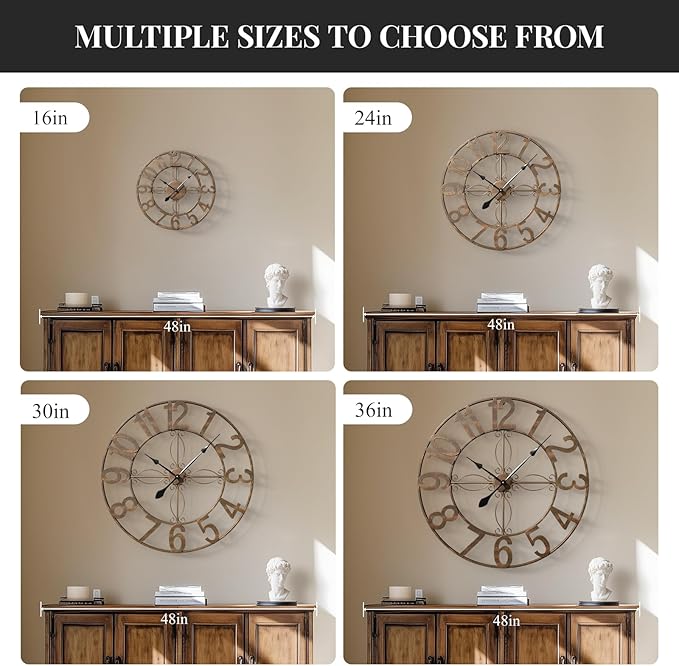 Cuspin Wall Clock, 16 Inch Bronze Metal Wall Clock Silent Non-Ticking Battery Operated, Large Round Retro Arabic Numerals Analog Decorative Clocks for Living Room Kitchen Mantel Office