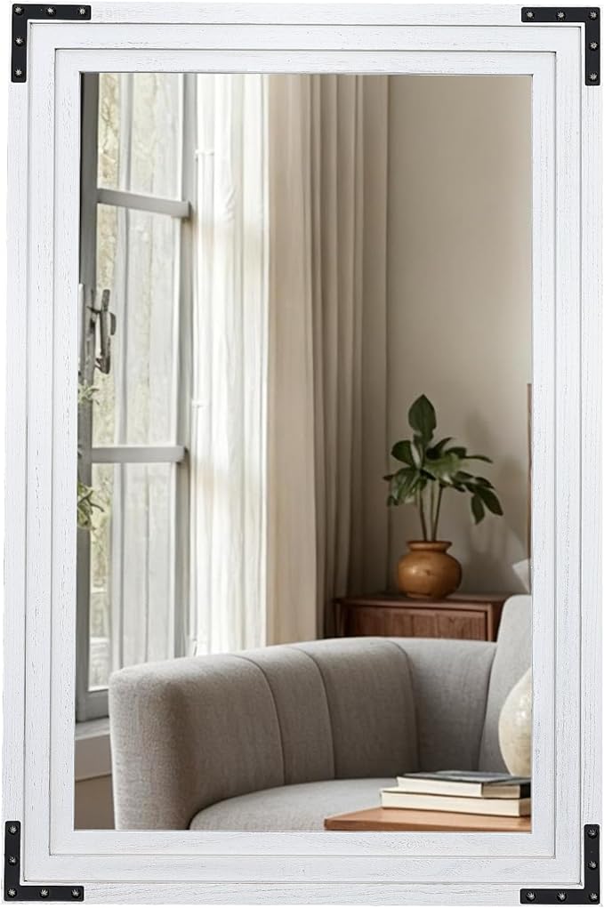 Full Length Mirror 36"x24" Solid Wood Frame Floor Standing Mirror, Hanging or Leaning Wall-Mounted for Living Room, Bedroom, Rustic White