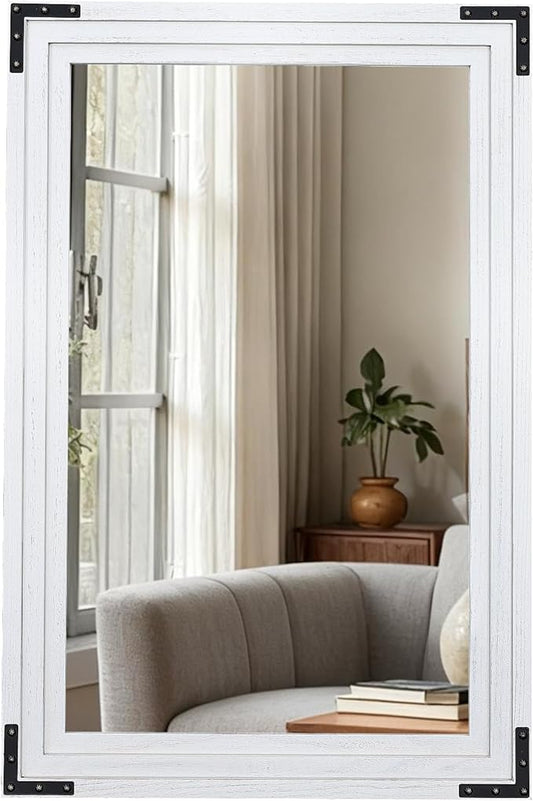 Full Length Mirror 36"x24" Solid Wood Frame Floor Standing Mirror, Hanging or Leaning Wall-Mounted for Living Room, Bedroom, Rustic White