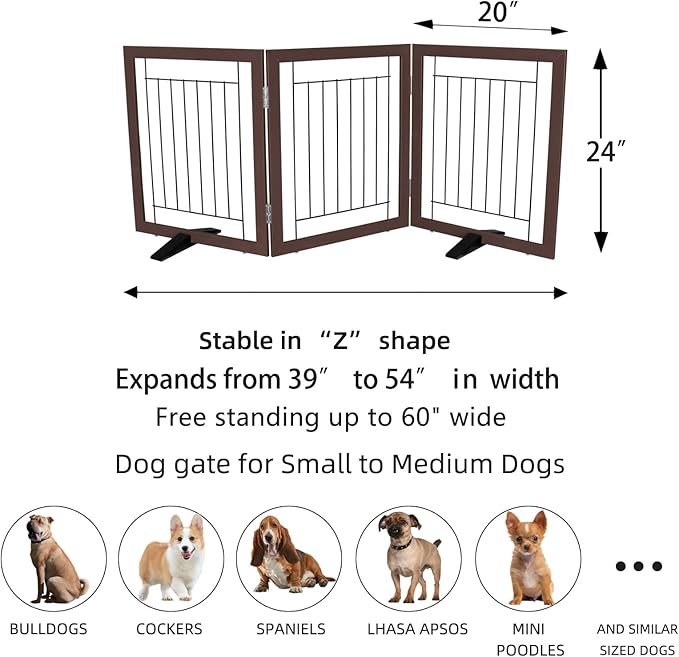 ZJSF Freestanding Dog Gate Indoor, Foldable Dog Fence for Doorways,Hallways or Stairs, Sturdy Wood Extra Wide Pet Gate with Support Feet,Brown,24 "Height-3 Panels