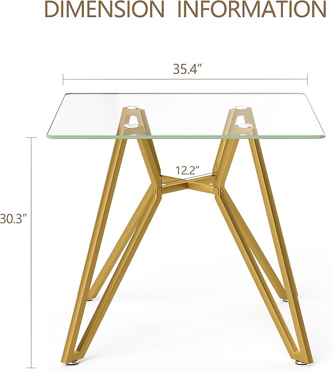 35.4" Square Glass Dining Table for 4, Modern Tempered Glass Kitchen Table for 4 with Gold Metal Legs, Compact Small Circle Dining Room Leisure Tables for Kitchen Apartment