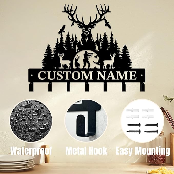 Personalized Custom Name Hunting Deer Wall Key Hooks,Metal Hunting Art Clothes Hooks,Metal Hunting Wall Home Storage Decorative,Hunter For Front Door, Hallway, Kitchen, Bedroom,Keys,Hats (Style M)