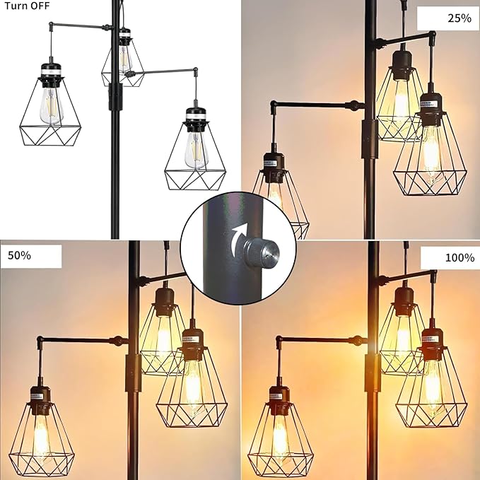 NUNET Boho Industrial Farmhouse Floor Lamp with Stepless Dimming & 3 Adjustable Cage Shades - Vintage Rustic Tall Standing Light for Living Room/Office, Includes Edison Bulbs, Weighted Base