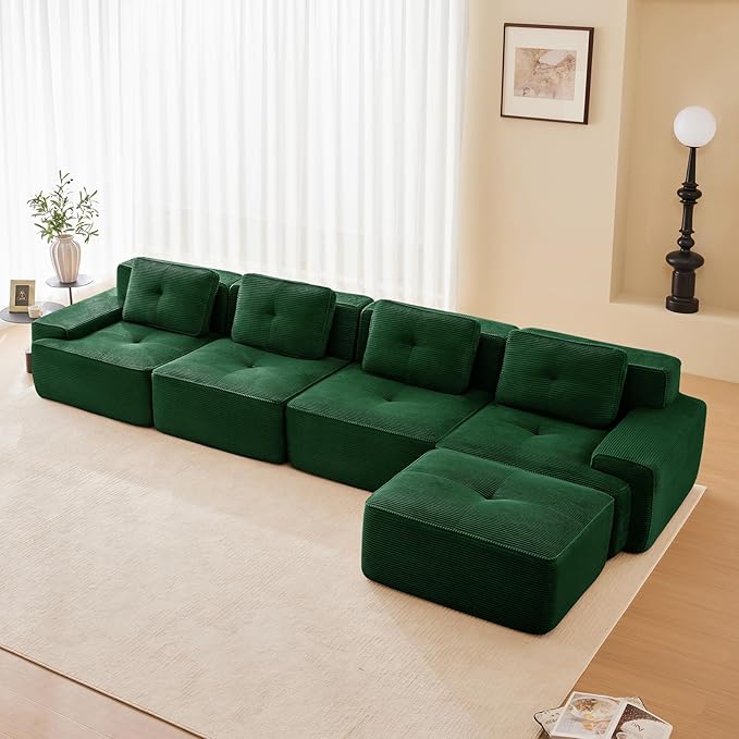 150" Modern Compressed Boneless Couch with Ottoman, 4 Seater Large L Shaped Sectional Couches for Living Room, Green Corduroy Cloud Modular Sectional Sofa, Memory Foam, Extra Deep, No Assembly