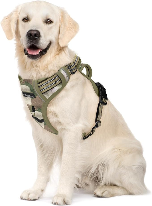 Funfox Dog Harness No Pull, Adjustable Pet Vest Harness, Super Soft Material with Vertical Handle Easy Control, Reflective Night Walking, 2 Leash Clips for Medium Sized Dogs, Camo Green, M