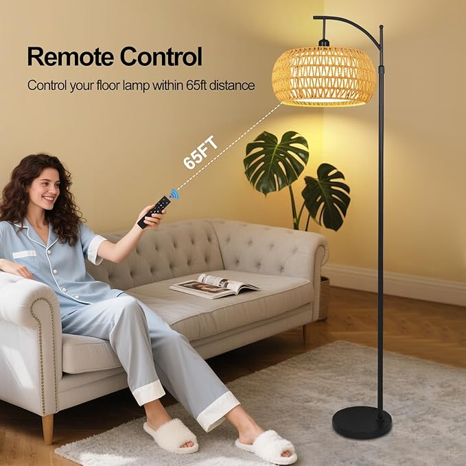 Arc Floor Lamps for Living Room Rattan Boho Floor Lamp with Remote Control,Dimmable LED Floor Lamps Black Standing Lamp with 3 Color Temperature Tall Floor Lamp for Bedroom Corner