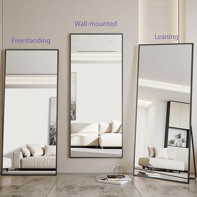 Full Length Mirror, 83"x44" Floor Mirror Freestanding, Oversized Floor Standing Full Body Mirror with Stand for Bedroom, Hanging Mounted for Living Room Cloakroom, Black, Rect