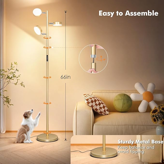Tree Floor Lamp for Living Room - Modern Glod Standing Lamp, LED Floor Light with Remote & Touch, 3000K-6000K Dimmable for Bedroom Office Reading (3 Head)
