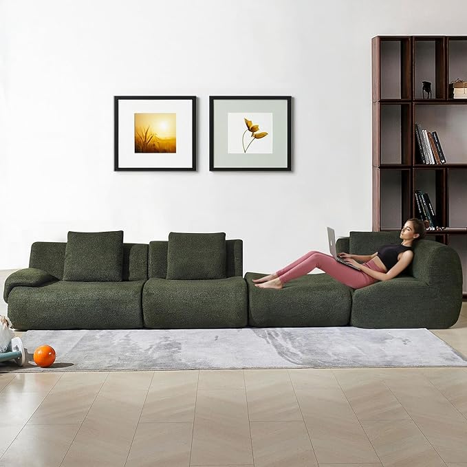 118" Modular Sectional Sofa with Movable Ottoman, 3-Seater Modern Teddy Velvet L-Shaped Couch, Convertible Cloud Sofa for Living Room, Sectional Boneless Couch