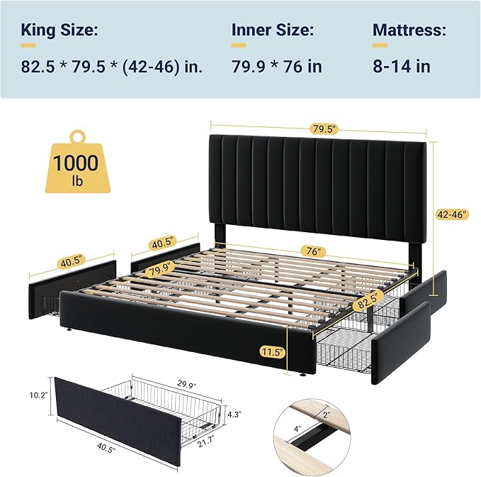 Allewie King Size Storage Bed Frame, Vertical Channel Tufted Adjustable Headboard, Velvet Upholstered Platform Bed with 4 Oversized Underbed Drawers, Wooden Slats Support, No Box Spring Needed, Black