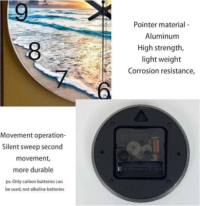 Blue Beach Wall Clock for Kitchen 14 Inch Round Coastal Clocks for Walls Analog Glass Wall Clock Non Ticking