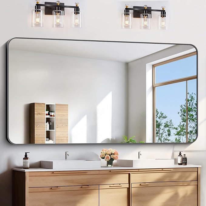 FORBATH Large Bathroom Mirror 72x36 Inches, Black Oversized Wall Mirror for 2 Sinks Aluminum Frame Full Length Rounded Corner Morndern Mirror for Bathroom Bedroom Entryway Living Room