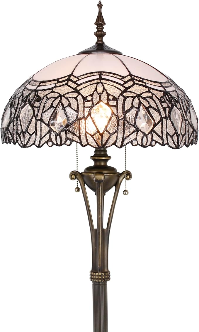 Tiffany Floor Lamp White Stained Glass Crystal Standing Reading Light 16X16X70 Inches Antique Pole Corner Lamp Decor Bedroom Office Living Room