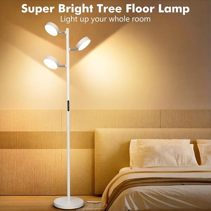 Tree Floor Lamp for Living Room - Modern White Standing Lamp, LED Floor Light with Remote & Touch, 3000K-6000K Dimmable for Bedroom Office Reading (3 Head)