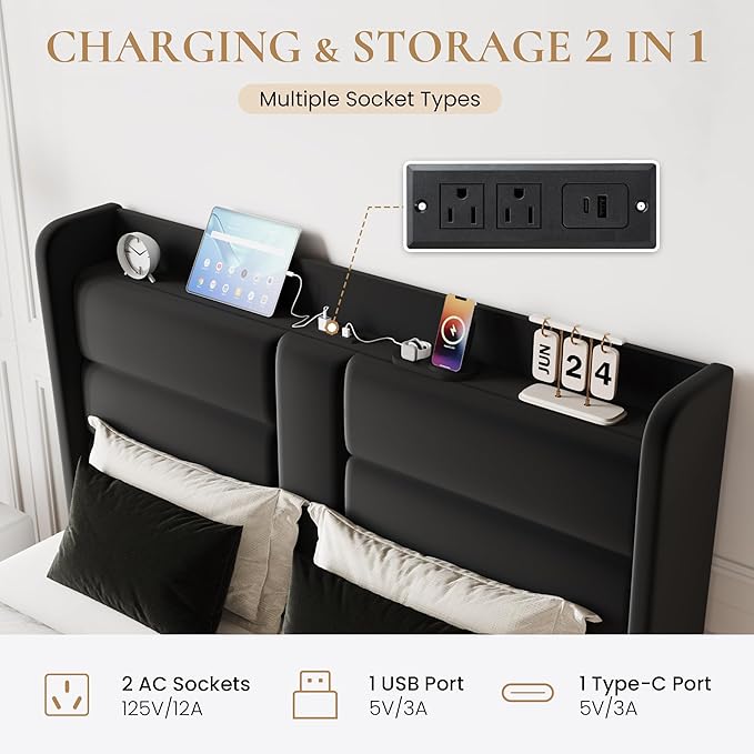 SHA CERLIN Full Size Bed Frame with Charging Station & Storage Headboard, Velvet Platform Bed with Upholstered Modern Wingback Design, Wooden Slats Support, No Box Spring Needed, Easy Assembly, Black