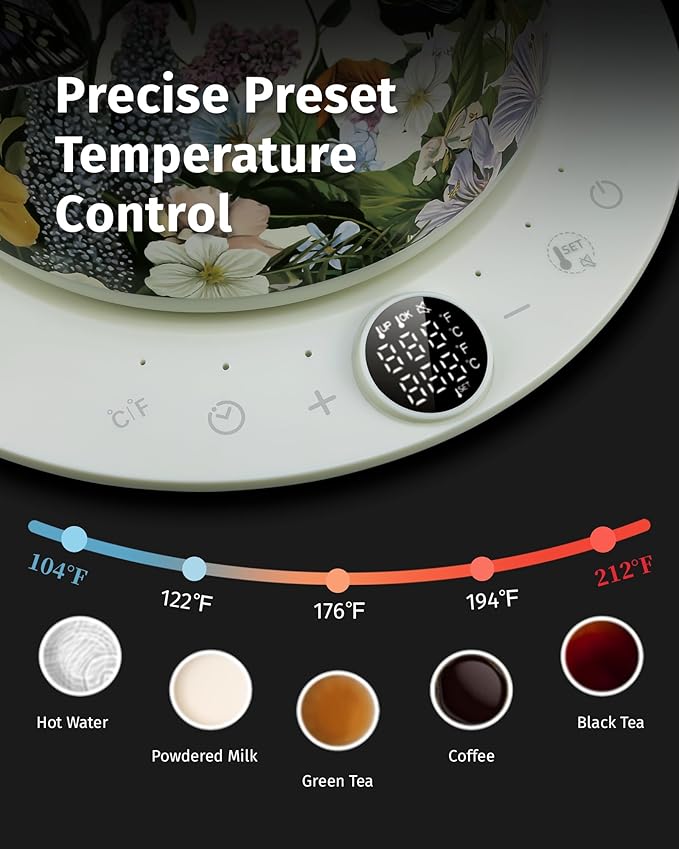 INFOOD 0.8L Gooseneck Electric Kettle, Precise Temperature Control for Pour Over Coffee & Tea, 1200W Fast Boiling Water, Auto Shut Off, Scheduling, Stainless Steel, Floral Painted Design