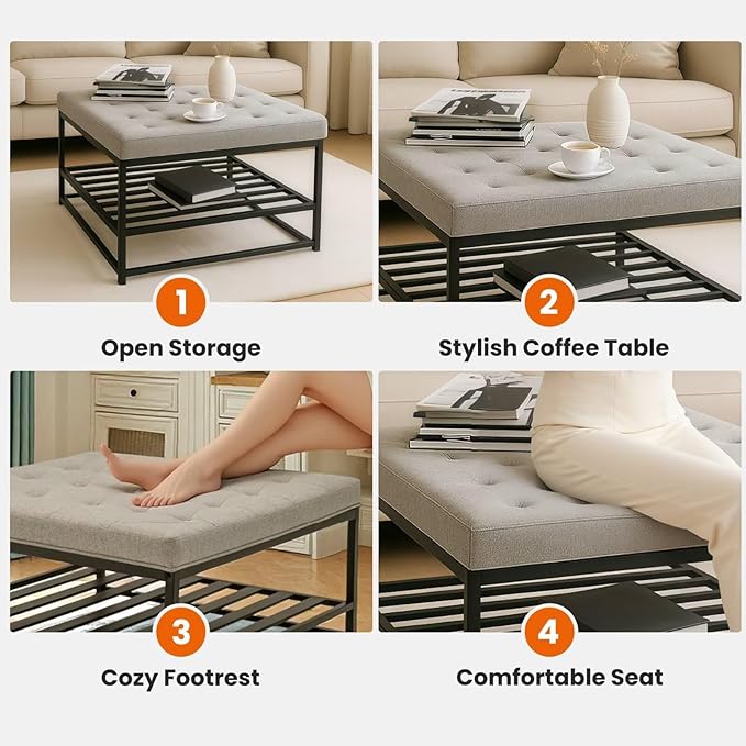 Ottoman Coffee Table with Upholstered Tufted Linen Fabric, Square Center Table with Storage Large Footrest Ottoman for Living Room Gray