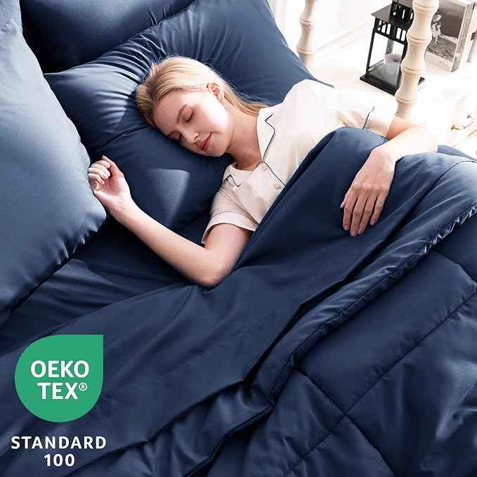 CozyLux Queen Comforter Set Navy Blue, 7 Pieces Bed in a Bag, Blue Comforter Queen Size, All Season Bedding Sets with Stitch Quilted Comforter, Flat Sheet, Fitted Sheet, Pillowcases