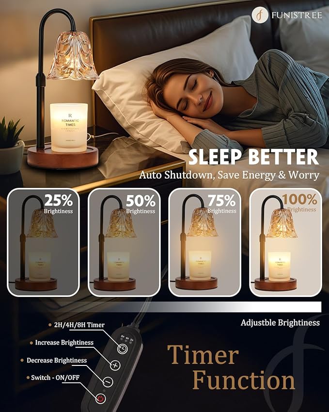 Small Candle Warmer Lamp with Timer, Adjustable Flower Lamp Warmer for Jar Candles, Unique Women Gifts for Birthday, Dimmable Candle Heater, Christmas Gifts, Cute Wax Warming Light with Wood Base