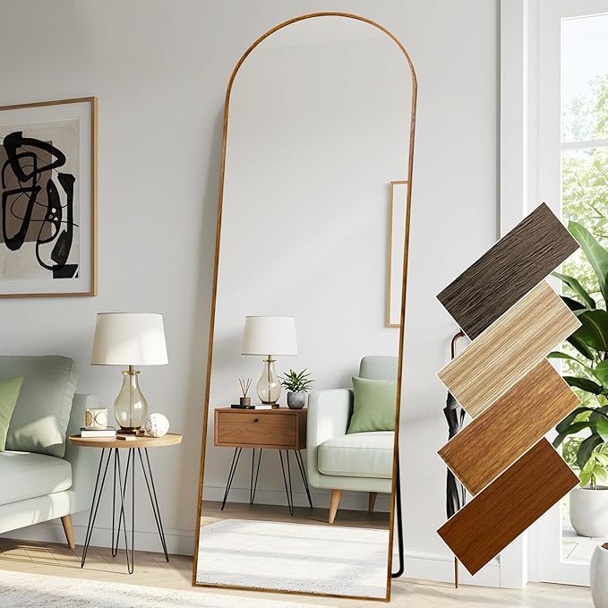 Arched 26x71 Inch Full Length Mirrors Aluminium Frame in Classic Yellowish Brown Wood Looking Free Standing Floor Mirror Full Body Wall Mounted for Bedroom Living Room and Hallway