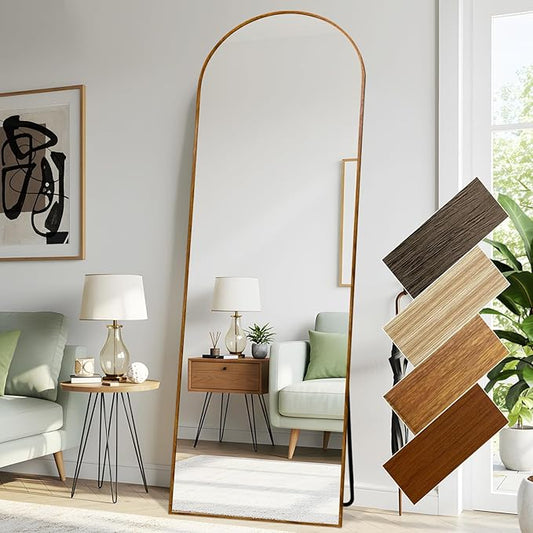 Arched 26x71 Inch Full Length Mirrors Aluminium Frame in Classic Yellowish Brown Wood Looking Free Standing Floor Mirror Full Body Wall Mounted for Bedroom Living Room and Hallway