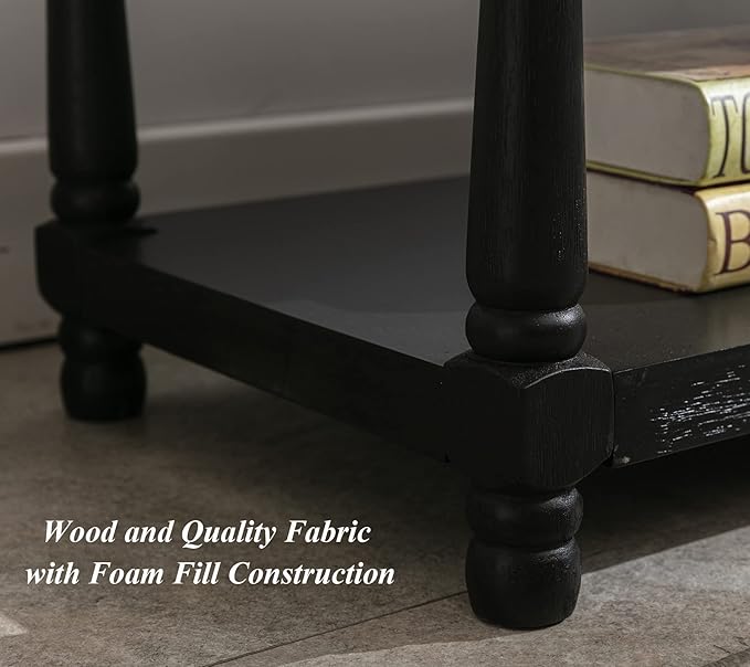 DUOMAY Mid-Century Tufted Storage Bench with Shelf, Linen Upholstered Farmhouse Entryway Shoe Bench Ottoman Bed End Stool for Bedroom Living Room Dining Room, Black Wood Frame, White