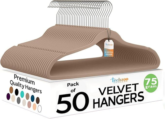 50 Pack New Premium Quality Velvet Hangers Ultra Thin Non Slip Adult Felt Space Saving Hangers for Closet Heavy Duty Coat Pants Dress Hangers 360° Swivel Hook Hold Upto 10 lbs Warm Taupe