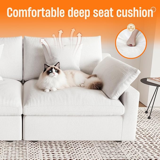 Cloud Modular Sectional Sofa Couch for Livingroom,82inch Down Filled Convertible Sectional Sofa for Living Room Set,Wide Seat LoveSofa,Covers Washable&Replaceable, White