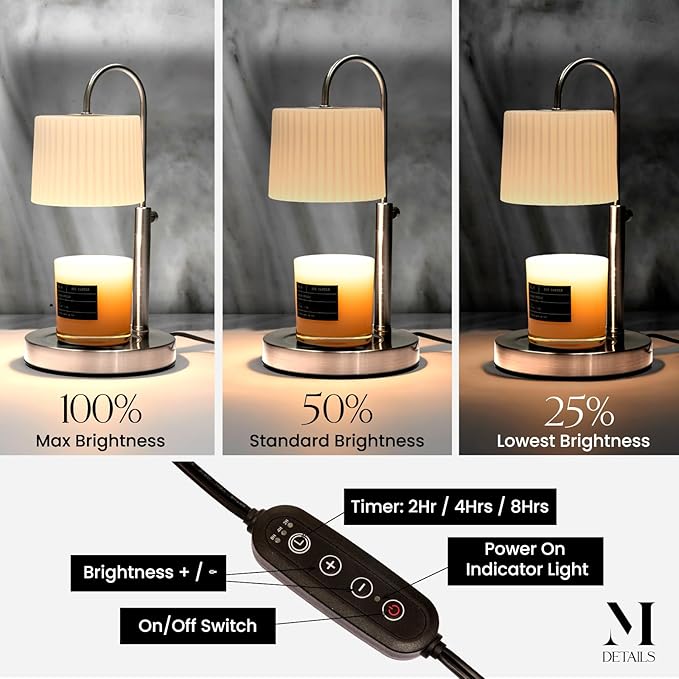 Dimmable Glass Candle Warmer Lamp with Timer - Adjustable Height Candle Lamp Warmer with Timer (8H/4H/2H) - Wax Melter - Ideal Gift, fits Various Size Scented Candles - 02 Bulb - (Brushed Nickel)
