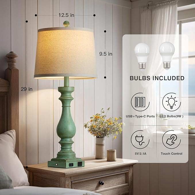 29" Tall Vintage Table Lamps Set of 2,Retro Green Bedside Lamps with USB C+A Ports & AC Outlet,3-Way Dimmable Touch Lamp for Night Stands Living Room Bedroom,Green