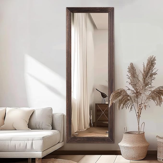 MELOMOIR Rustic Farmhouse Full Length Mirror, 64"x21" Wood Frame Floor Mirror, Free Standing Leaning Hanging, Long Mirror for Bedroom Living Room Cloakroom, Charcoal-Grilled Brown