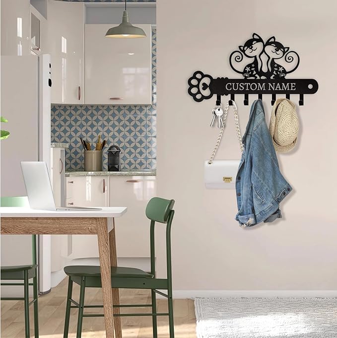 Cat Key Holder with Custom Name & Hooks - Personalized Metal Key Rack Wall Mount Art Decor for Bedroom Doorway Office
