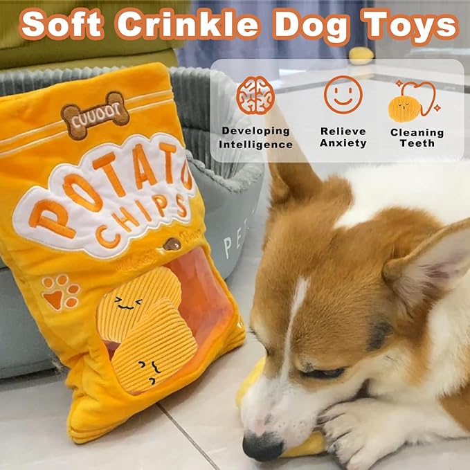 Dog Puzzle Toy, Crinkle Squeaky Interactive Dog Toys, Enrichment Treat Puzzle Dog Toy for Medium, and Large Dogs (Potato Chips)