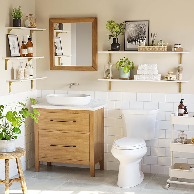 DINZI LVJ Long Wall Shelves, 47.3" Wall Mounted Shelves Set of 4, Large Floating Shelves with Metal Brackets, for Living Room, Bathroom, Bedroom, Kitchen, White and Gold