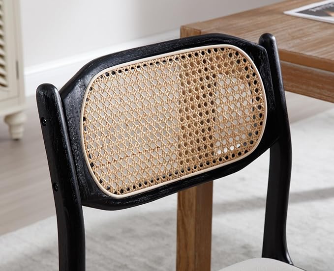 EALSON Farmhouse Rattan Dining Chairs Set of 2 Modern Mid Century Dining Room Chairs Upholstered Linen Kitchen Side Chairs with Cane Back/Black Wood Frame for Living Dining Room,Beige