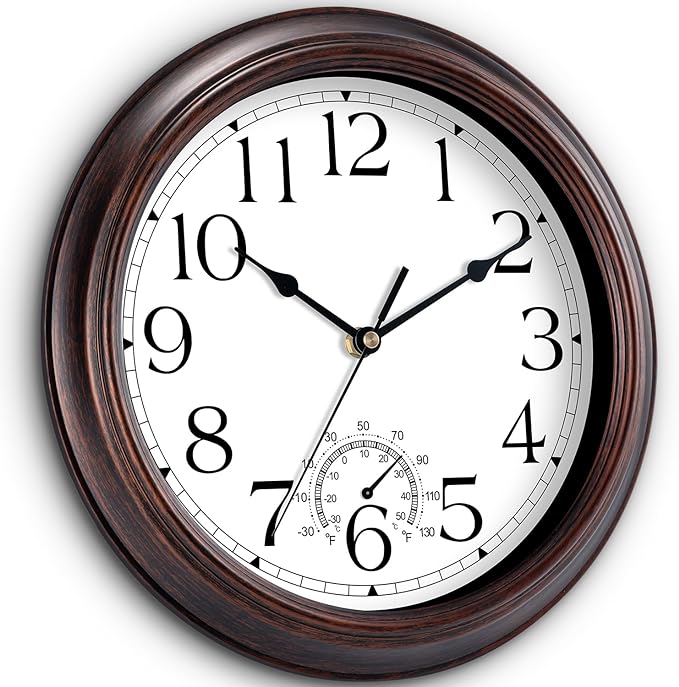 10 Inch Outdoor Wall Clock with Thermometers, Vintage Silent Wall Clocks Battery Operated, Retro Non-Ticking Clock Decorative for Living Room, Patio, Kitchen, Office, Bathroom, Bedroom(Bronze)