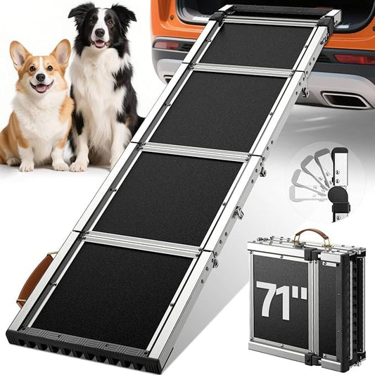 𝟐𝟎𝟐𝟓 𝐔𝐩𝐠𝐫𝐚𝐝𝐞𝐝 Extra Long 71”Dog Ramp for Car with Adjustable Head, Folding Pet Ramp for Large Dogs with Non-Slip Rug Surface, Dog Ramps Up to 330 lb for Car SUV Truck Bed Couch