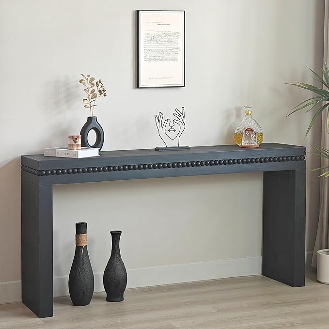 Console Table for Living Room, Long Sofa Table Behind Couch with Real Wood Beads Decoration, Retro Entryway Table for Hallway Foyer (64 Inch, Antique Black)