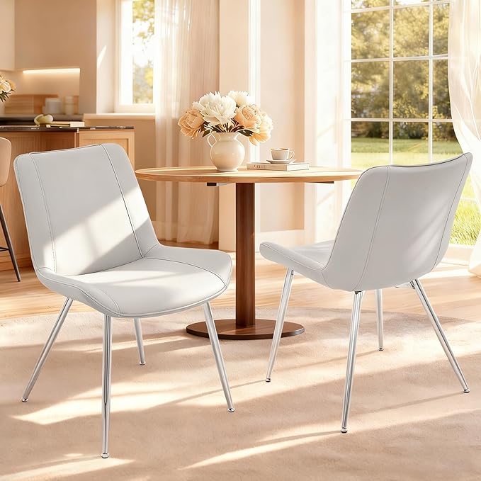 Brage Living Dining Chairs Set of 2, PU Leather Modern Armless Kitchen Dining Room Chairs, Upholstered Accent Side Chairs with Metal Legs (Light Gray)