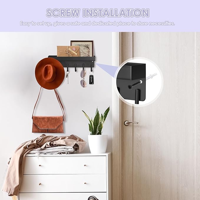 VIS'V Key Holder Wall Mount, Compact Adhesive Key Rack with Tray, 6 Hooks, 2 Mount Options, Black