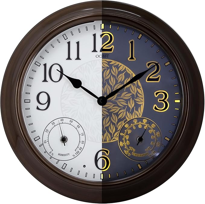 OCEST 15 Inch Illuminated Large Outdoor Clock Waterproof, Night Light Illuminated Wall Clocks with Smart LED Sensor, Temperature and Humidity Combo for Garden Patio Pool Garage (Metal)