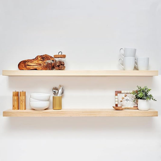 Homeforia 48 inch Natural Floating Shelf, High End Solid Real Wood 48inch Small Floating Shelves for Wall Mounted, Natural Wooden Floating Shelves, Heavy Duty Bracket, 48 X 6.5 X 1.75 in, Set of 3