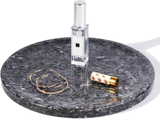 Natural Marble Tray, 11.8in Serving Tray for Fruit, Round Decorative Vanity Stone Plate for Jewelry&Key, Quality Storage Dish for Kitchen Coffee Table and Bathroom Desktop, Blue Pearl