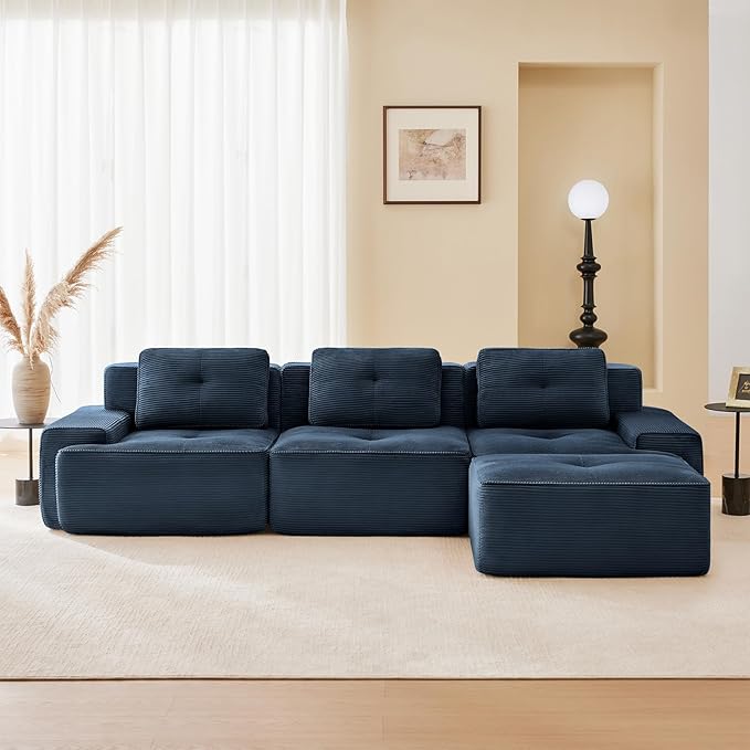 115" Modern Compressed Boneless Couch with Ottoman, 3 Seater Large L Shaped Sectional Couches for Living Room, Blue Corduroy Cloud Modular Sectional Sofa, Memory Foam, Extra Deep, No Assembly