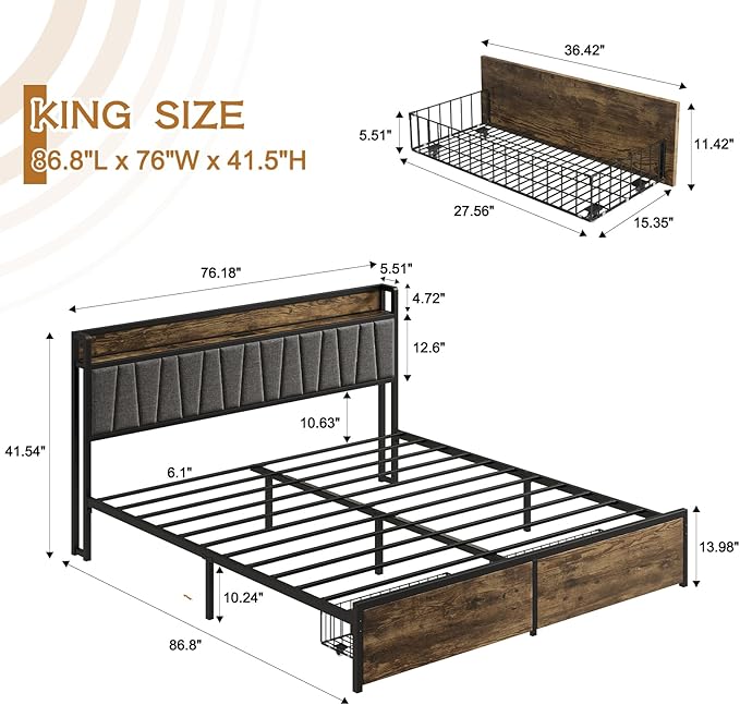 King Size Bed Frame with Storage Drawers and Charging Station, Upholstered Headboard Metal Platform Bed with USB Ports, No Box Spring Needed, Easy Assembly, Dark Brown