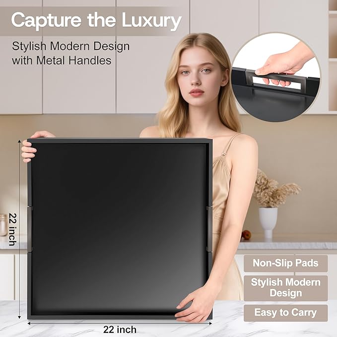 Joy&Grace Large Square Ottoman Tray for Living Room and Coffee Table 22 Inch Decorative Acacia Wood Serving Tray with Handles for Breakfast in Bed, Dinner Food Kitchen TV (Black, 22" x 22" x 2")