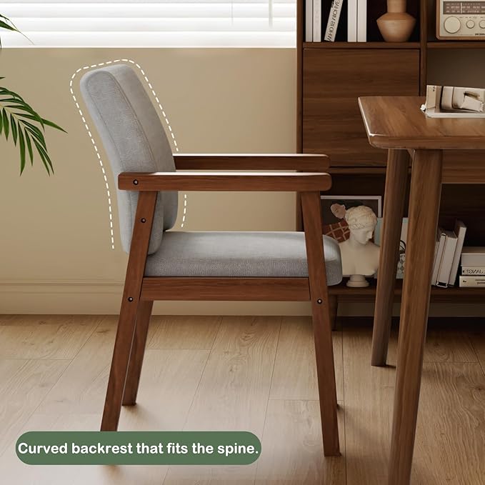 Solid Wood Upholstered Dining Chair, Mid Century Modern Dining Room Chair with Curved Backrest and Armrest for Kitchen, Living Room, Study Room, Walnut and Gray